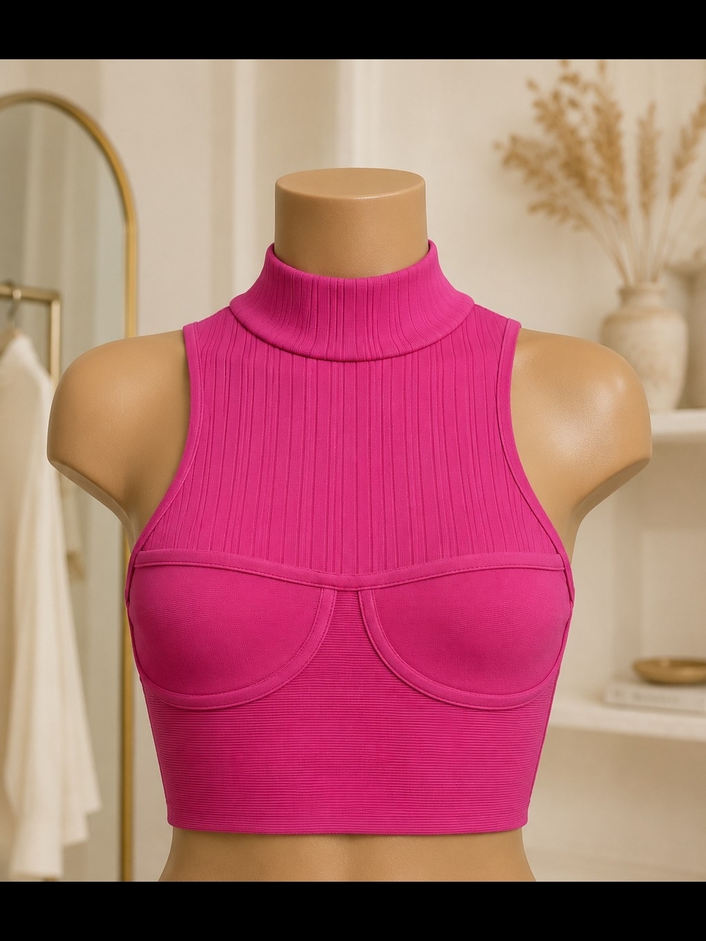 Forever 21 Ribbed Mock Neck Bustier Crop Top - Fuchsia Pink Size L